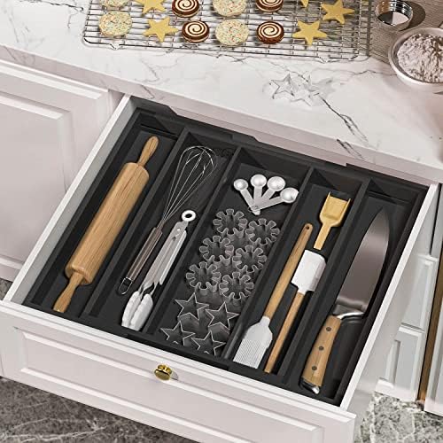 Kitchen Utensil Organizer, Expandable Bamboo Tray, Black