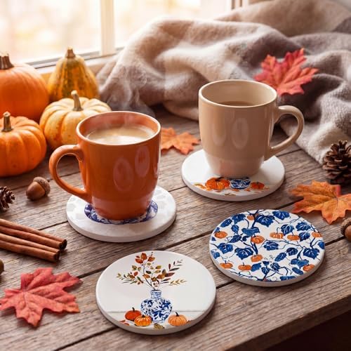 Hushee Fall Pumpkin Coasters Set of 4 Ceramic Blue Vase Chinoiserie