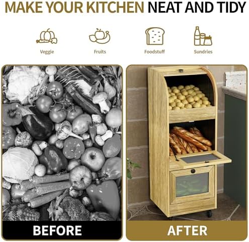 Movable Potato and Onion Storage Box with Wheels,Wood color