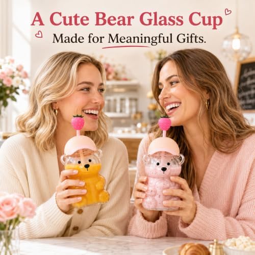 Glass Bear Cup with Straw & Lid, 20oz for Coffee & Shakes