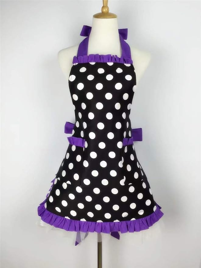 Hyzrz Cute Apron Retro Black Polka Dot Retro Ruffle Side Vintage Cooking Aprons - Image 4