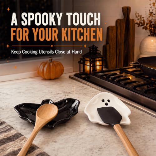 Rtteri 2 Pcs Ceramic Spoon Rest for Stove Top, Halloween Spoon Holder