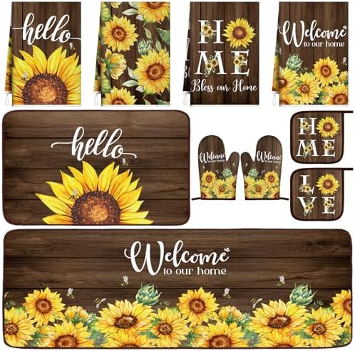 Fourluoo 10 Pcs Sunflower Kitchen Set Kitchen Towels and Rugs Mats