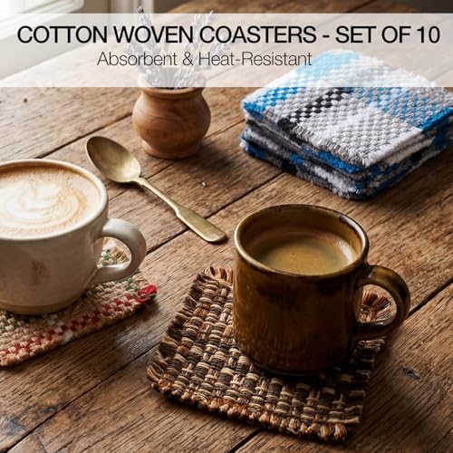 Set of 10 Fabric Drink Coasters, Handcrafted Cotton Woven Coasters for