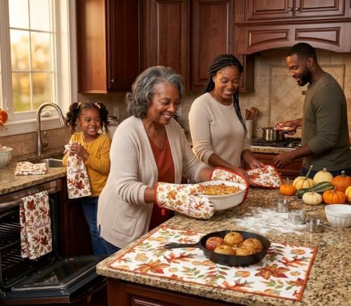 6pc Set Fall Leaves Design Seasonal Kitchen Towel Set - 2 Oven Mitts
