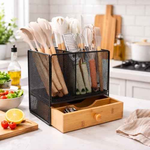 Kitchen Utensil Holder Countertop,Extra Large Utensil Organizer with Drawer