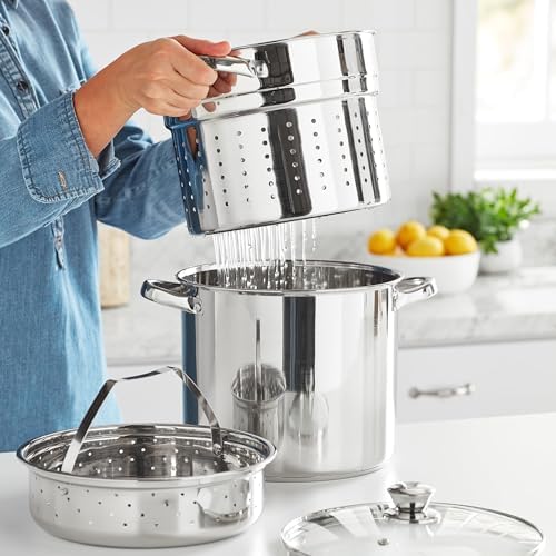 4-Piece Stainless Steel Multi-Cooker Set, 8 qt, with Glass Lid, Stock Pot, Colander, and Steamer Basket