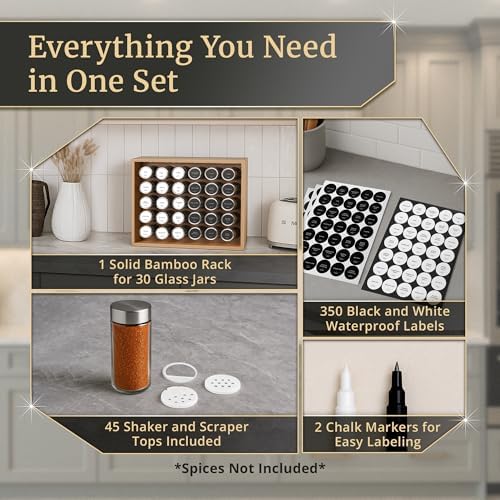 BOURBON & BARREL Wooden Spice Rack Organizer with Glass Jars
