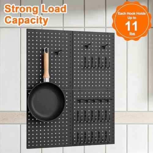Hencawima Wall Mounted Peg board, 4 Pack Pot and Pan Organizer with 20 Hooks, Modular Kitchen Storage for Pots, Pans, Lids and Utensils, Easy Assembly