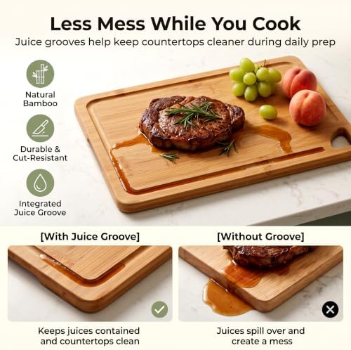 3-Piece Bamboo Cutting Board Set with Holder, Juice Groove for Kitchen