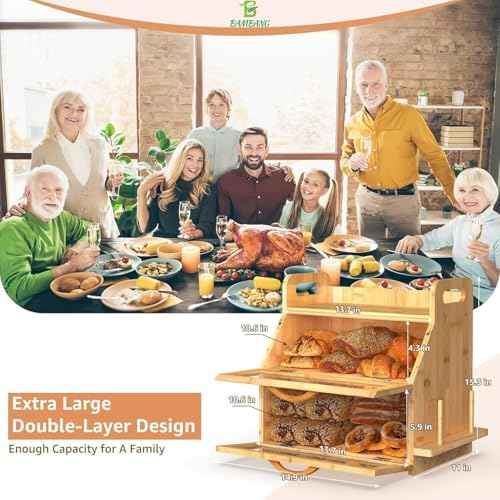 BAMBANG Bread Box for Kitchen Countertop, Extra Large Double Layer Bamboo Breadbox with Clear Window, Farmhouse Wooden Bread Storage Container for Homemade Bread, Knife & Cutting Board Holder, Natural
