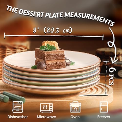 Dessert Plate Ceramic Set of 6, Colorful 8 Inch Salad Plates for