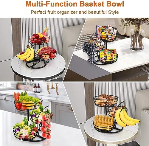Livabber Fruit Basket Bowl with Banana Hanger, Fruit Vegetable Storage Basket with Banana Tree Holder for Kitchen Counter, Detachable Organizer for Bread Snack Produce (Black, 3-Tier Metal Base)