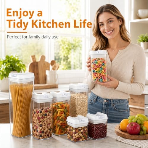 7-Piece Airtight Food Storage Containers with Lids, Clear Stackable Pantry Organization Set for Flour, Sugar, Cereal, Snacks and Kitchen Storage