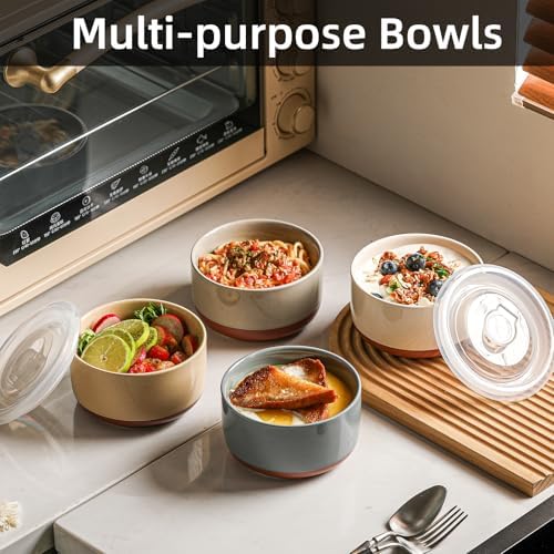 Ceramic Bowl with Lid, Microwave Safe, Set of 4