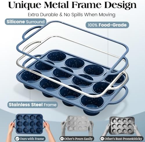 Vinino 2 Pack 12 Cups Silicone Muffin Pan with Stainless Steel Frame