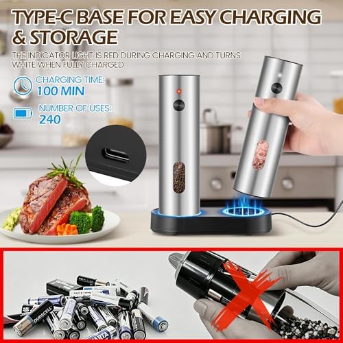 Electric Salt and Pepper Grinder Set, 110 ml, Rechargeable