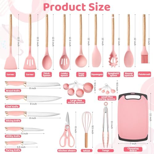 Kitchen Utensils and Knife Set, 37 Piece, Pink