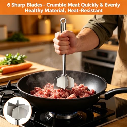 304 Stainless Steel Meat Chopper & Masher, 10.2 Inch 6-Blade Ground