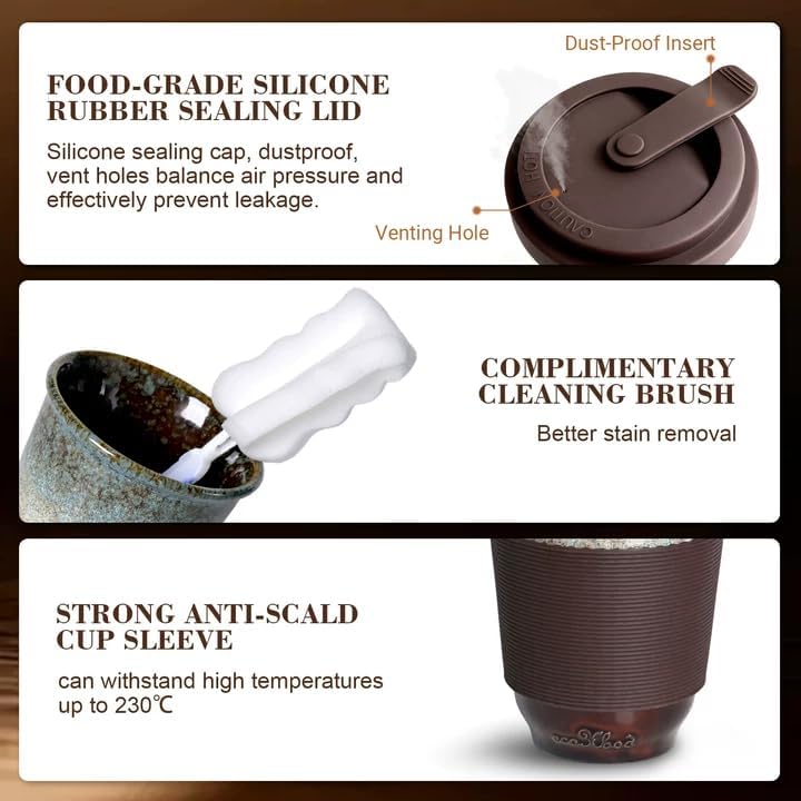 13oz Ceramic Coffee Mug with Lids 2 Sets, Travel Coffee Cup with Lids