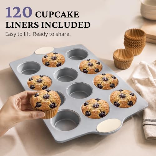 BRONYPRO Ceramic-Coated Nonstick 12-Cup Muffin Pan with 120 Liners
