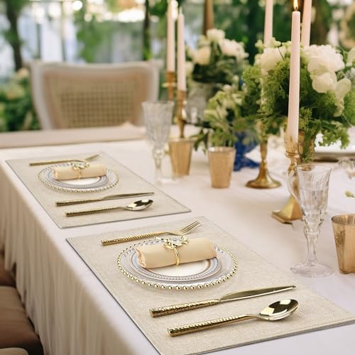 SLKQG Beige Faux Cotton Linen Placemats Set of 6, Heat Resistant