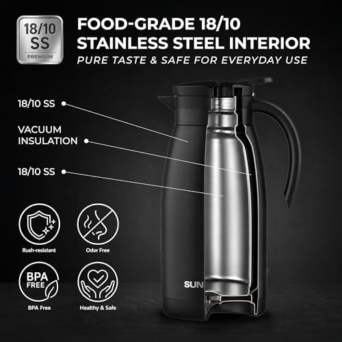 SUNHOUSE 34 Oz Thermal Coffee Carafe Insulated Stainless Steel Thermos