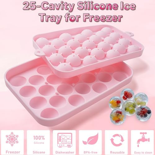 Small Ice Ball Mold, 2Pack Ice Cube Tray with Lid, 25 Cavities Round