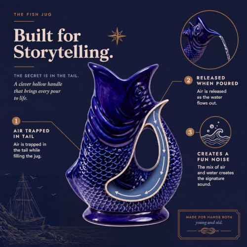 Fish Jug 50 fl oz Ceramic Pitcher, Dark Cobalt Blue