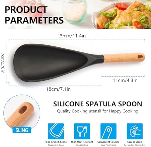 【2 Pack】Silicone Cooking Spoon for Nonstick Cookware - Wooden Handle