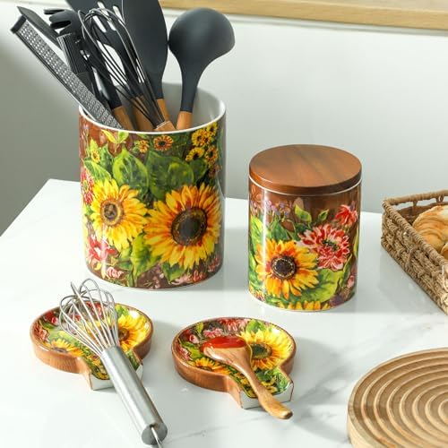 Oil Painting Sunflower Farmhouse Ceramic Spoon Rests Holder for