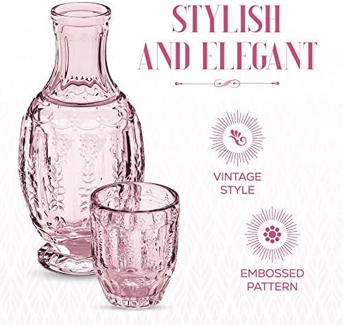 Elle Decor Vintage Bedside Water Carafe Set with Tumbler Lid, Pink