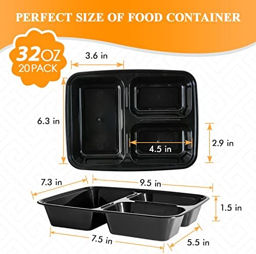 MUCHII 32 oz 3 Compartment Meal Prep Containers, 20 Count To Go Bowls