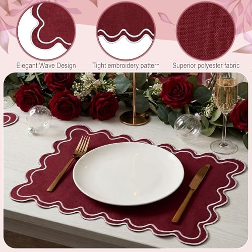 HunnmingRe Burgundy with White Scalloped Placemats Set of 6, Rectangle