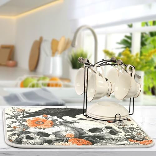 OTVEE Skull in Dark Art Dish Drying Mat for Kitchen Counter Absorbent