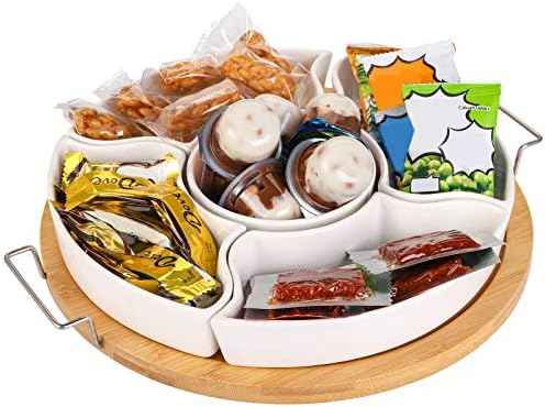 yarlung 11 Inch Ceramic Divided Serving Dishes with Bamboo Platter, Appetizer Tray 5 Removable Snacks Bowls for Candy and Nut, Chips and Dips, No Lid Included