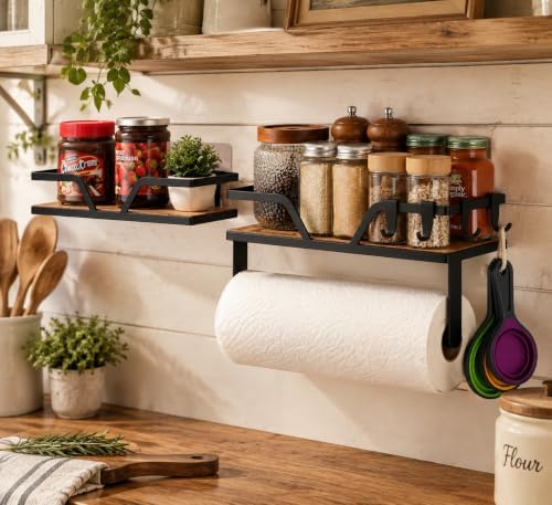Paper Towel Holder with Shelf - Kitchen Spice Rack Organizer Wood