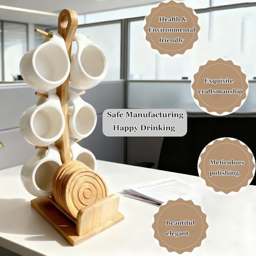 Bamboo Coffee Mug Holder Tree, Ceramic Coffee Cup Shelf Set 6 Piece