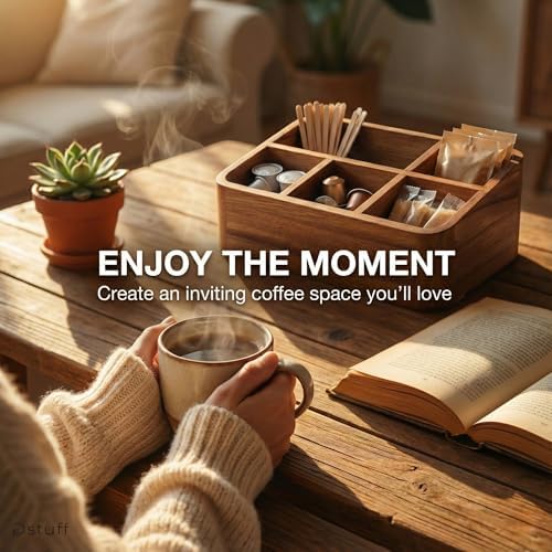 Dstuff Acacia Wood Coffee Station Organizer for Countertop, Tea