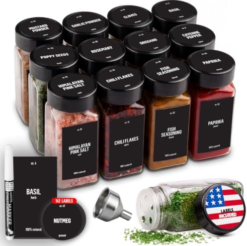 Deco haus Glass Spice Jars with Lids 12x4oz - Airtight Spice