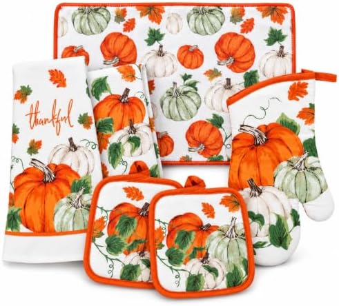 6-Piece Harvest Pumpkin Kitchen Linen Set, Orange & Sage Fall Autumn