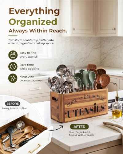 INSAGO Extra Large Acacia Wood Utensil Holder With 4 Compartments & Handles