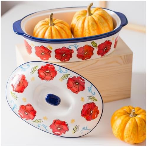 Floral Ceramic Casserole Dish with Lid – 40oz Oval Baking Dish