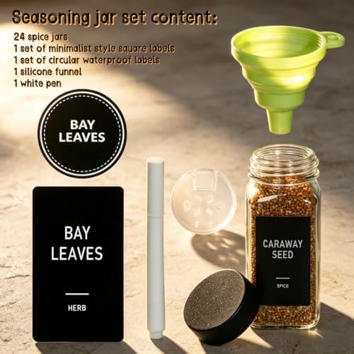 24 Spice Jars with Label, Glass Spice Bottles With Shaker Lids