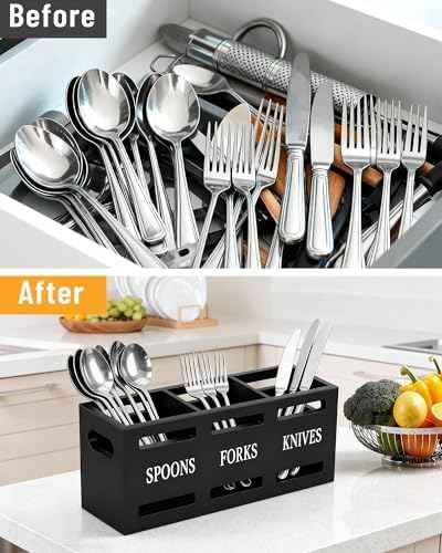 Kitchen Utensils Holder for Counter, Wooden Utensil Organizer for Storage Cooking and Silverware, Black Cooking Utensil Storage Box for Countertop,Wood Organizer with 3 Compartments,Rustic Minimalist.