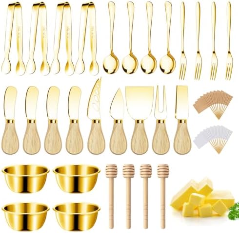 Charcuterie Boards Accessories Gold Charcuterie Utensils Cheese Butter Spreader Knife Set Small Serving Tongs Forks and Spoons Dipping Bowls Honey Dippers Toothpick Flags for Party Platter Making