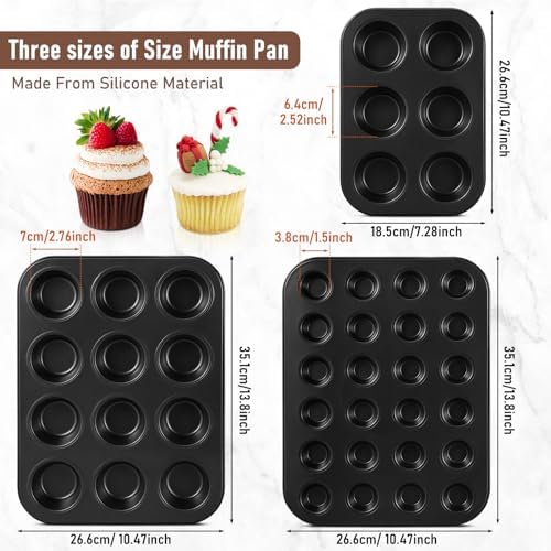 SiliFine 3 Pack Nonstick Muffin Pans, 6, 12, 24 Cup Cupcake Baking