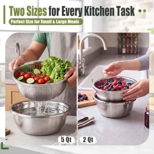 4 Pcs 304 Stainless Steel Colander Set, 5 Qt and 2 Qt Metal Strainer Bowls with Matching Mixing Bowls Large Capacity for Washing Rice Vegetables Fruit, Kitchen Draining Set, Dishwasher Safe