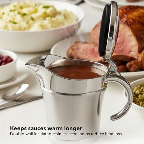 OVENTE Stainless Steel Gravy Boat with Hinged Lid, 14Oz, Silver