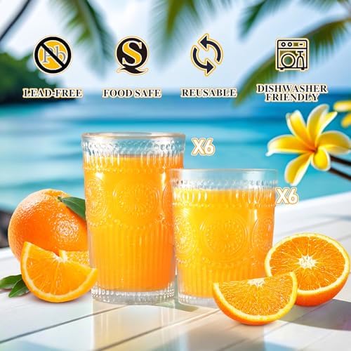 Loivttvv 12pcs Vintage Drinking Glasses Set, 12 oz Highball Glasses &